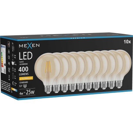 Mexen Vintis 10x ampoule filament LED E27, G95, 4W, Chaude - 2200K, 400 lm, ambre - L157-E27-0422-50x10