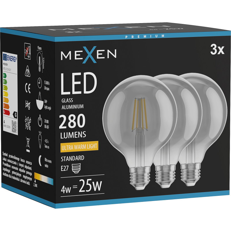 Mexen Vintis 3x Ampoule filament LED E27, G95, 4W, Chaude - 2200K, 280 lm, fumée - L157-E27-0422-70x03