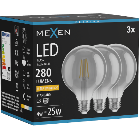 Mexen Vintis 3x Ampoule filament LED E27, G95, 4W, Chaude - 2200K, 280 lm, fumée - L157-E27-0422-70x03