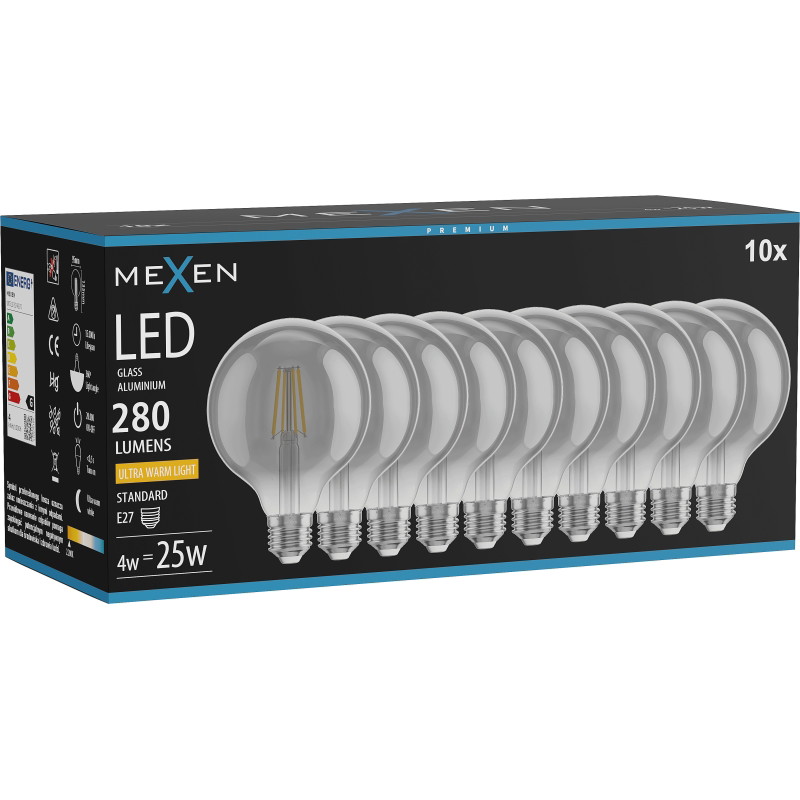 Mexen Vintis 10x Ampoule filament LED E27, G95, 4W, Chaud - 2200K, 280 lm, fumée - L157-E27-0422-70x10