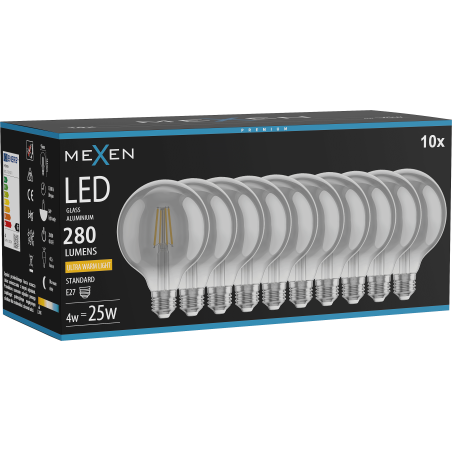 Mexen Vintis 10x Ampoule filament LED E27, G95, 4W, Chaud - 2200K, 280 lm, fumée - L157-E27-0422-70x10
