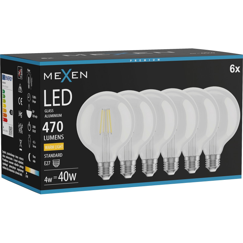 Mexen Vintis 6x Ampoule à filament LED E27, G95, 4W, Chaude - 2700K, 470 lm, claire - L157-E27-0427-00x06