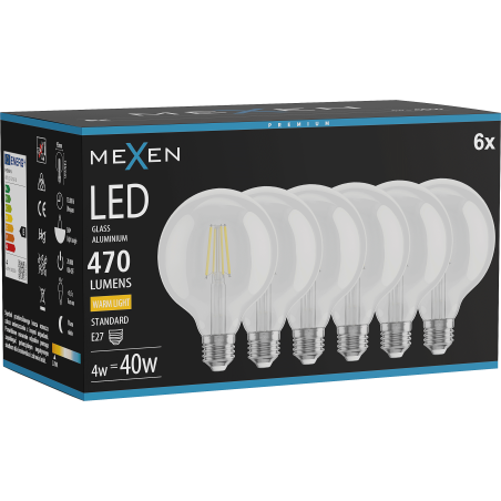 Mexen Vintis 6x Ampoule à filament LED E27, G95, 4W, Chaude - 2700K, 470 lm, claire - L157-E27-0427-00x06