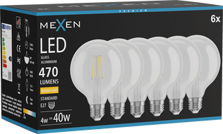 Mexen Vintis 6x Ampoule à filament LED E27, G95, 4W, Chaude - 2700K, 470 lm, claire - L157-E27-0427-00x06