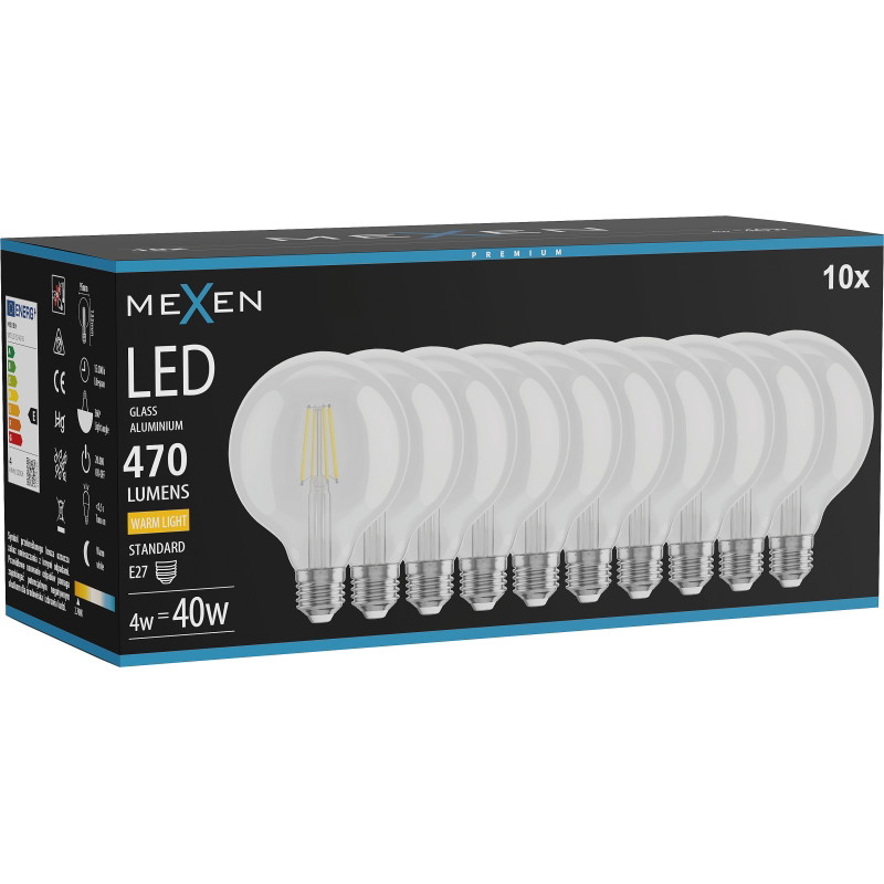 Mexen Vintis 10x Ampoule LED filament E27, G95, 4W, Chaude - 2700K, 470 lm, claire - L157-E27-0427-00x10