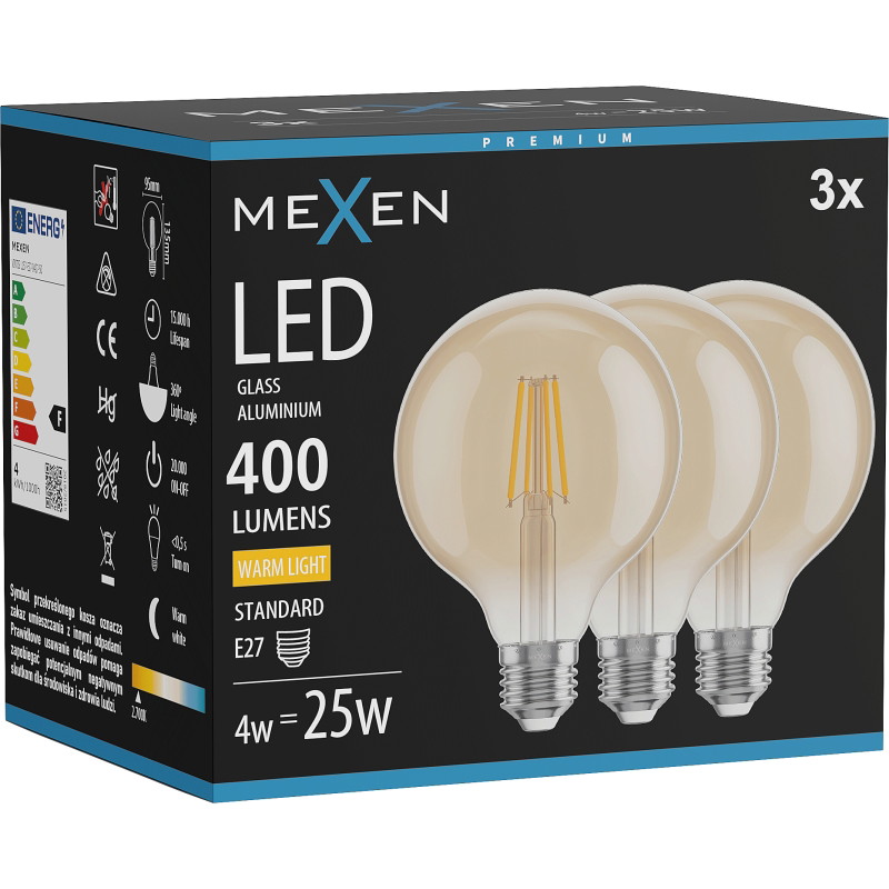 Mexen Vintis 3x Ampoule filament LED E27, G95, 4W, Chaude - 2700K, 400 lm, ambre - L157-E27-0427-50x03