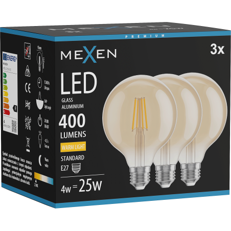 Mexen Vintis 3x Ampoule filament LED E27, G95, 4W, Chaude - 2700K, 400 lm, ambre - L157-E27-0427-50x03