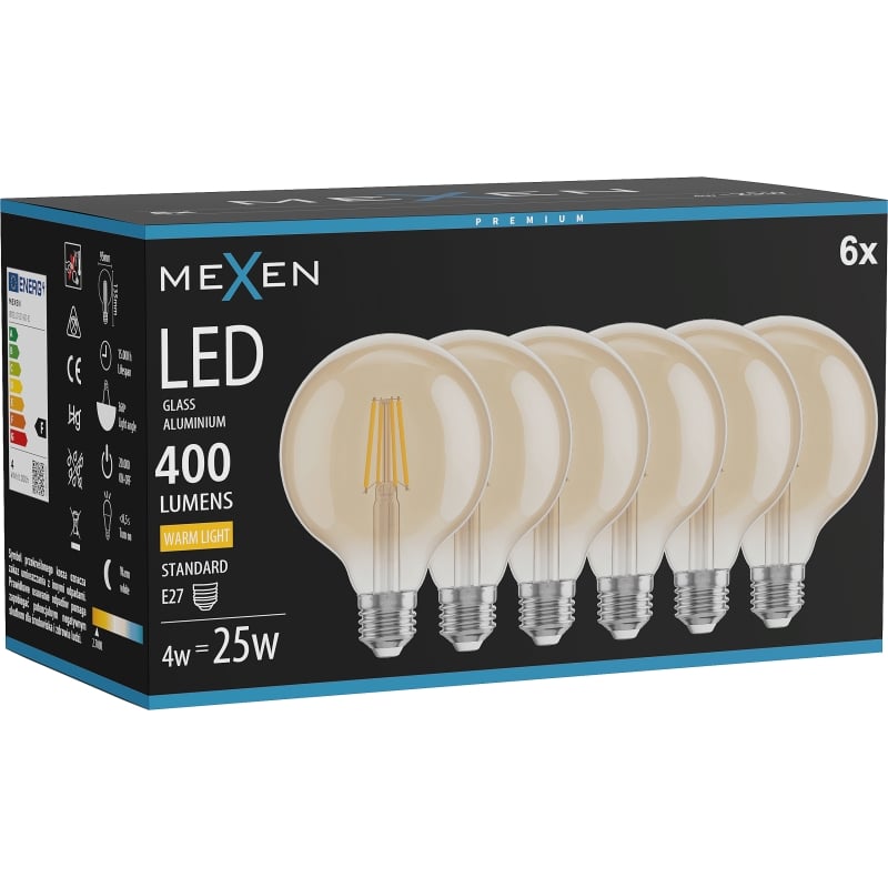 Mexen Vintis 6x Ampoule filament LED E27, G95, 4W, Chaude - 2700K, 400 lm, ambre - L157-E27-0427-50x06