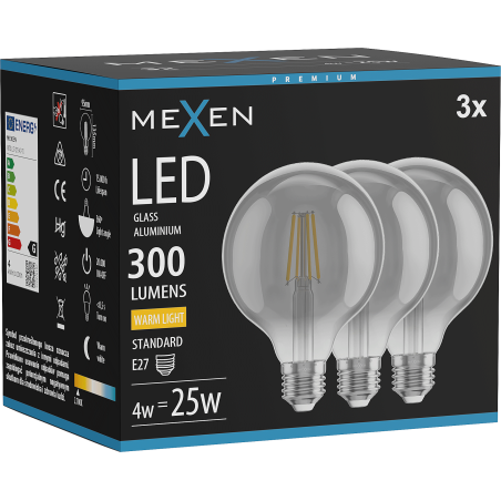 Mexen Vintis 3x Ampoule filament LED E27, G95, 4W, Chaude - 2700K, 300 lm, fumée - L157-E27-0427-70x03