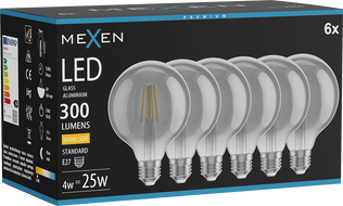 Mexen Vintis 6x Ampoule à filament LED E27, G95, 4W, Chaude - 2700K, 300 lm, fumée - L157-E27-0427-70x06