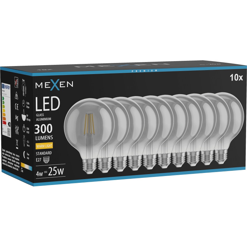 Mexen Vintis 10x Ampoule filament LED E27, G95, 4W, Chaude - 2700K, 300 lm, fumée - L157-E27-0427-70x10