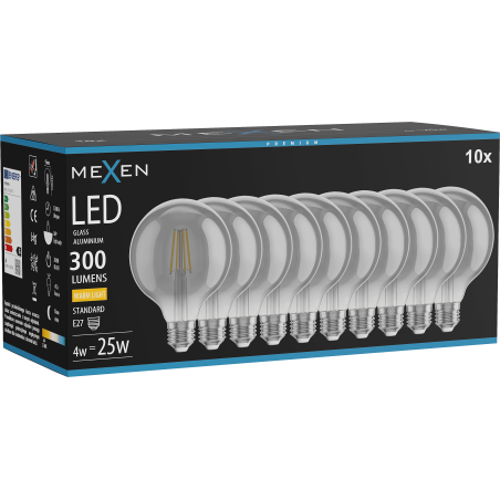 Mexen Vintis 10x Ampoule filament LED E27, G95, 4W, Chaude - 2700K, 300 lm, fumée - L157-E27-0427-70x10