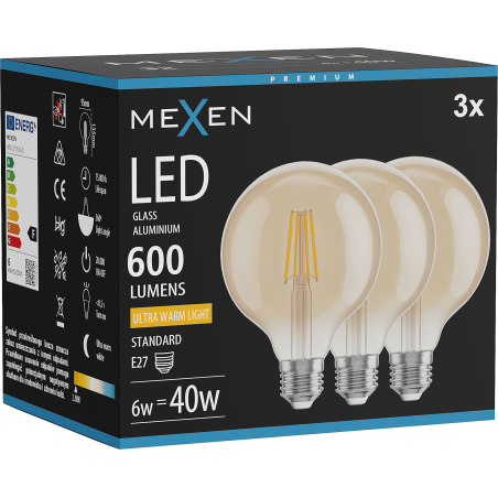 Mexen Vintis 3x Ampoule filament LED E27, G95, 6W, Chaude - 2200K, 600 lm, ambre - L157-E27-0622-50x03