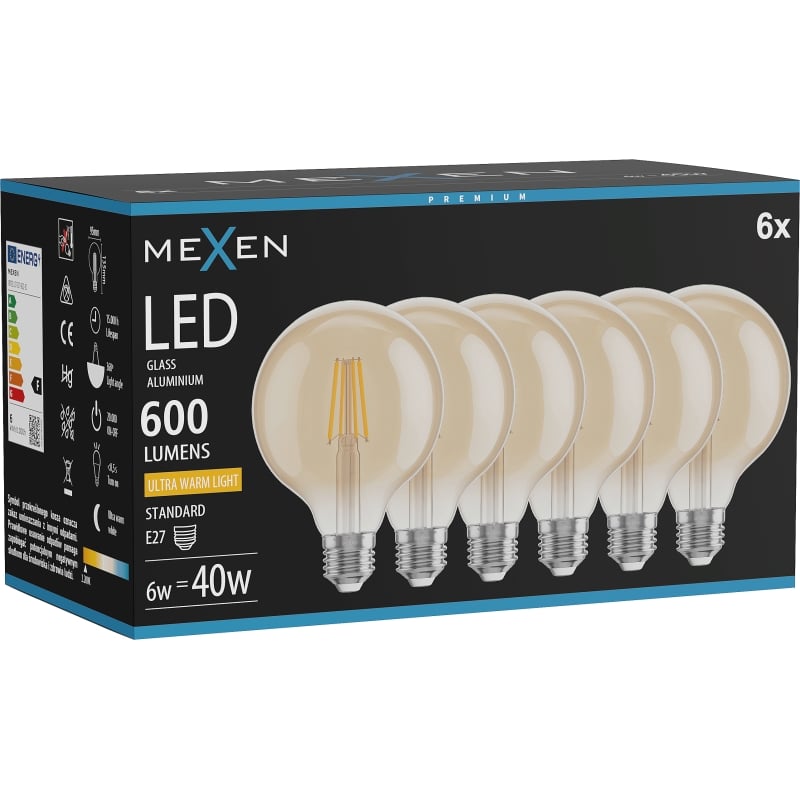 Mexen Vintis 6x Ampoule filament LED E27, G95, 6W, Chaude - 2200K, 600 lm, ambre - L157-E27-0622-50x06