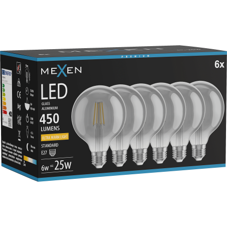 Mexen Vintis 6x Ampoule filament LED E27, G95, 6W, Chaude - 2200K, 450 lm, fumé - L157-E27-0622-70x06