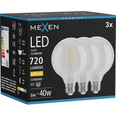 Mexen Vintis 3x Ampoule filament LED E27, G95, 6W, Chaude - 2700K, 720 lm, claire - L157-E27-0627-00x03