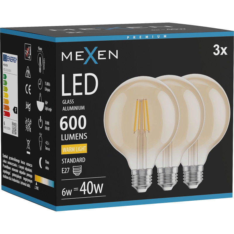 Mexen Vintis 3x Ampoule filament LED E27, G95, 6W, Chaude - 2700K, 600 lm, ambre - L157-E27-0627-50x03