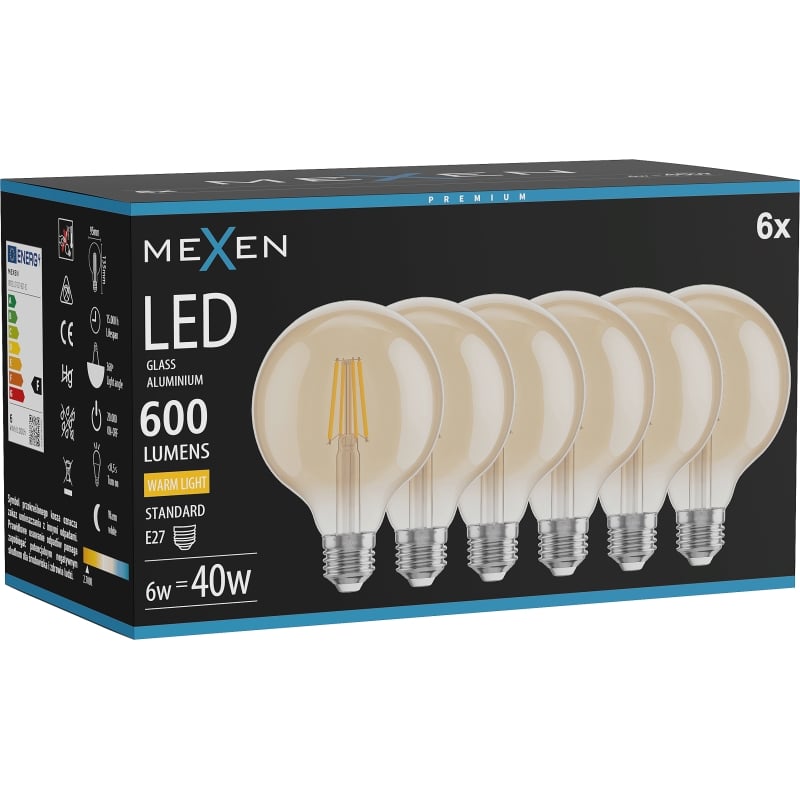 Mexen Vintis 6x Ampoule filament LED E27, G95, 6W, Chaude - 2700K, 600 lm, ambre - L157-E27-0627-50x06