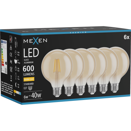 Mexen Vintis 6x Ampoule filament LED E27, G95, 6W, Chaude - 2700K, 600 lm, ambre - L157-E27-0627-50x06