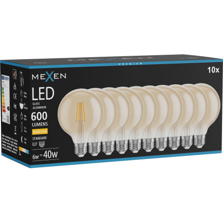 Mexen Vintis 10x Ampoule filament LED E27, G95, 6W, Chaud - 2700K, 600 lm, ambre - L157-E27-0627-50x10