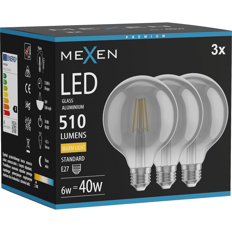 Mexen Vintis 3x ampoule filament LED E27, G95, 6W, Chaude - 2700K, 510 lm, fumée - L157-E27-0627-70x03