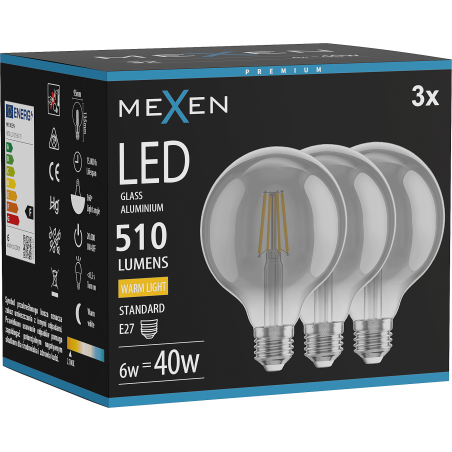Mexen Vintis 3x ampoule filament LED E27, G95, 6W, Chaude - 2700K, 510 lm, fumée - L157-E27-0627-70x03