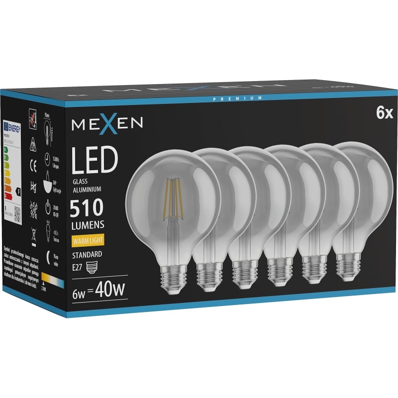 Mexen Vintis 6x Ampoule filament LED E27, G95, 6W, Chaude - 2700K, 510 lm, fumée - L157-E27-0627-70x06