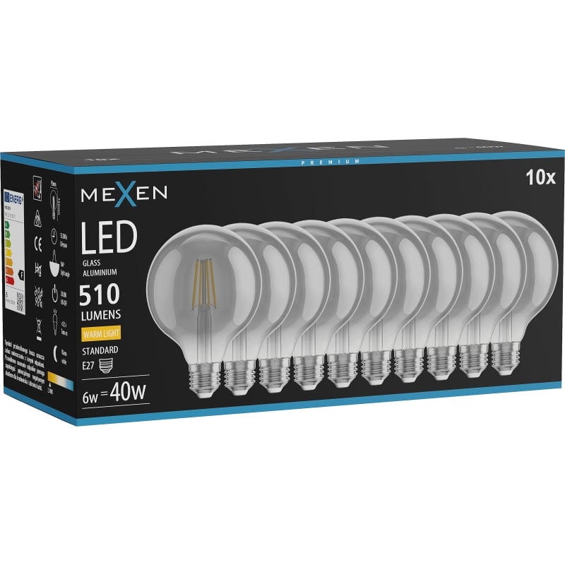 Mexen Vintis 10x ampoule à filament LED E27, G95, 6W, Chaude - 2700K, 510 lm, fumée - L157-E27-0627-70x10