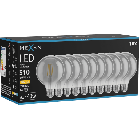 Mexen Vintis 10x ampoule à filament LED E27, G95, 6W, Chaude - 2700K, 510 lm, fumée - L157-E27-0627-70x10