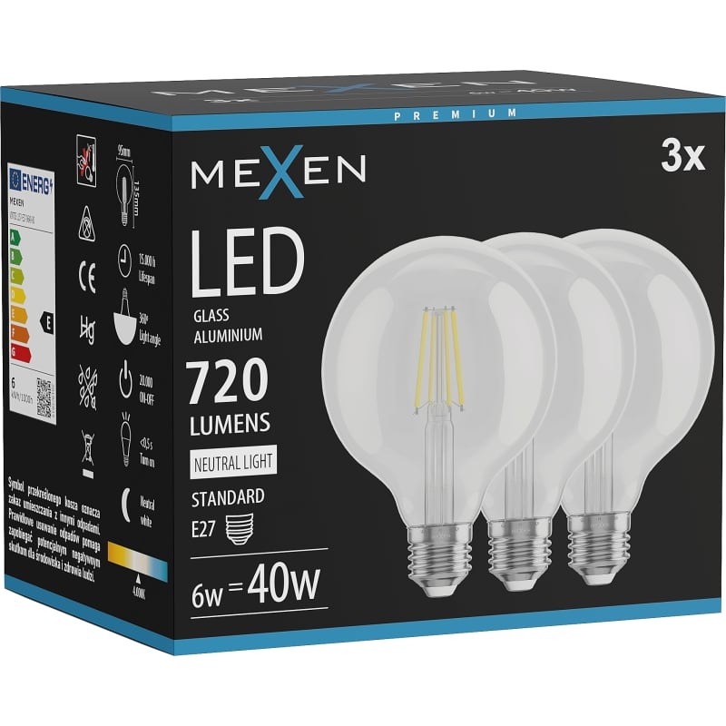 Mexen Vintis 3x Ampoule filament LED E27, G95, 6W, Neutre - 4000K, 720 lm, claire - L157-E27-0640-00x03