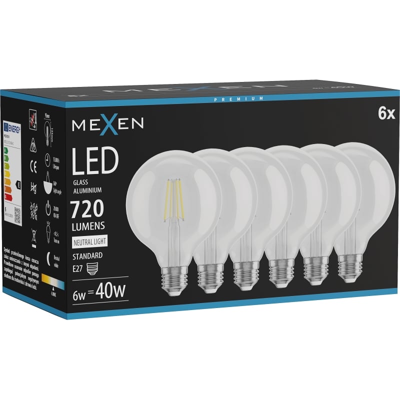 Mexen Vintis 6x Ampoule filament LED E27, G95, 6W, Neutre - 4000K, 720 lm, clair - L157-E27-0640-00x06
