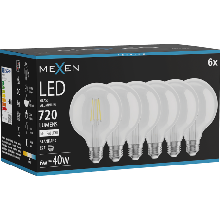 Mexen Vintis 6x Ampoule filament LED E27, G95, 6W, Neutre - 4000K, 720 lm, clair - L157-E27-0640-00x06