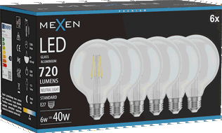Mexen Vintis 6x Ampoule filament LED E27, G95, 6W, Neutre - 4000K, 720 lm, clair - L157-E27-0640-00x06