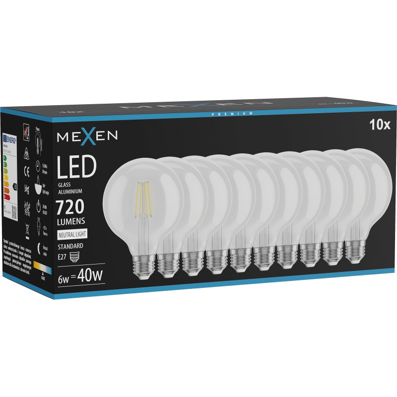 Mexen Vintis 10x Ampoule filament LED E27, G95, 6W, Neutre - 4000K, 720 lm, clair - L157-E27-0640-00x10