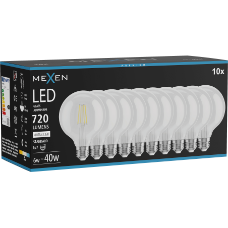 Mexen Vintis 10x Ampoule filament LED E27, G95, 6W, Neutre - 4000K, 720 lm, clair - L157-E27-0640-00x10