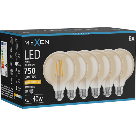 Mexen Vintis 6x Ampoule filament LED E27, G95, 8W, Chaude - 2200K, 750 lm, ambre - L157-E27-0822-50x06