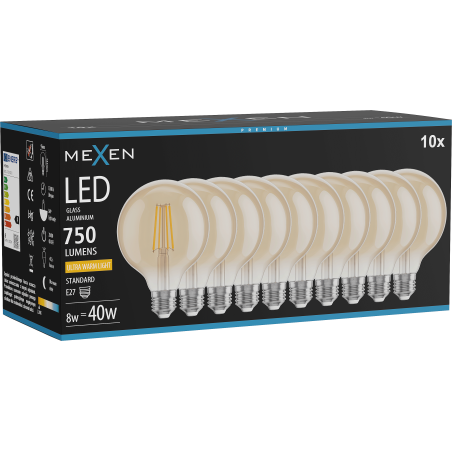 Mexen Vintis 10x Ampoule filament LED E27, G95, 8W, Chaude - 2200K, 750 lm, ambre - L157-E27-0822-50x10
