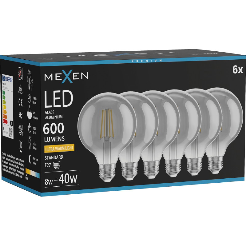 Mexen Vintis 6x Ampoule filament LED E27, G95, 8W, Chaude - 2200K, 600 lm, fumée - L157-E27-0822-70x06