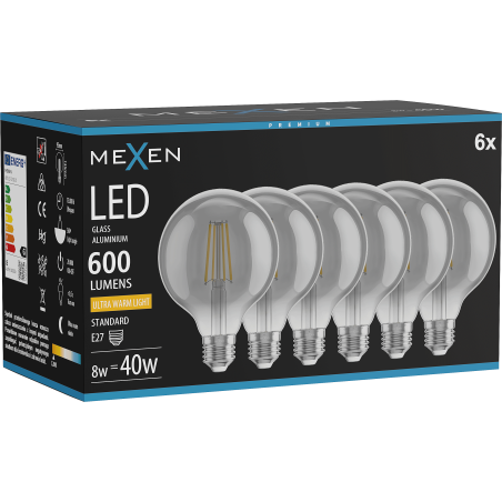 Mexen Vintis 6x Ampoule filament LED E27, G95, 8W, Chaude - 2200K, 600 lm, fumée - L157-E27-0822-70x06