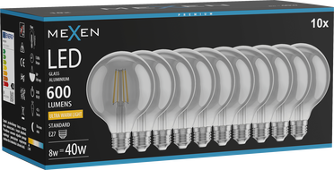 Mexen Vintis 10x Ampoule à filament LED E27, G95, 8W, Chaude - 2200K, 600 lm, fumée - L157-E27-0822-70x10