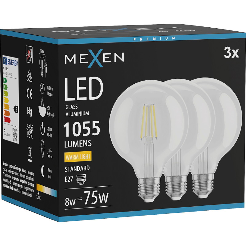 Mexen Vintis 3x Ampoule filament LED E27, G95, 8W, Chaud - 2700K, 1055 lm, transparent - L157-E27-0827-00x03