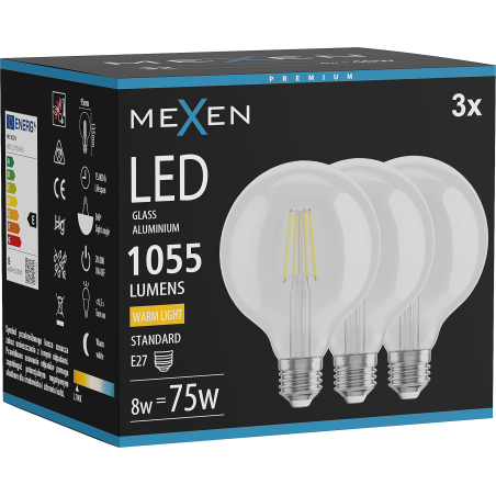 Mexen Vintis 3x Ampoule filament LED E27, G95, 8W, Chaud - 2700K, 1055 lm, transparent - L157-E27-0827-00x03