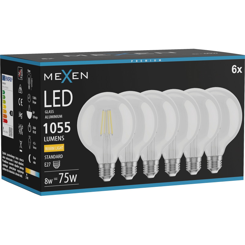 Mexen Vintis 6x Ampoule filament LED E27, G95, 8W, Chaude - 2700K, 1055 lm, claire - L157-E27-0827-00x06