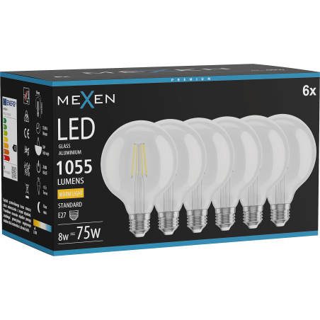 Mexen Vintis 6x Ampoule filament LED E27, G95, 8W, Chaude - 2700K, 1055 lm, claire - L157-E27-0827-00x06