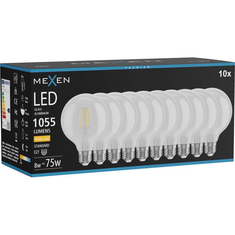 Mexen Vintis 10x Ampoule filament LED E27, G95, 8W, Chaude - 2700K, 1055 lm, claire - L157-E27-0827-00x10