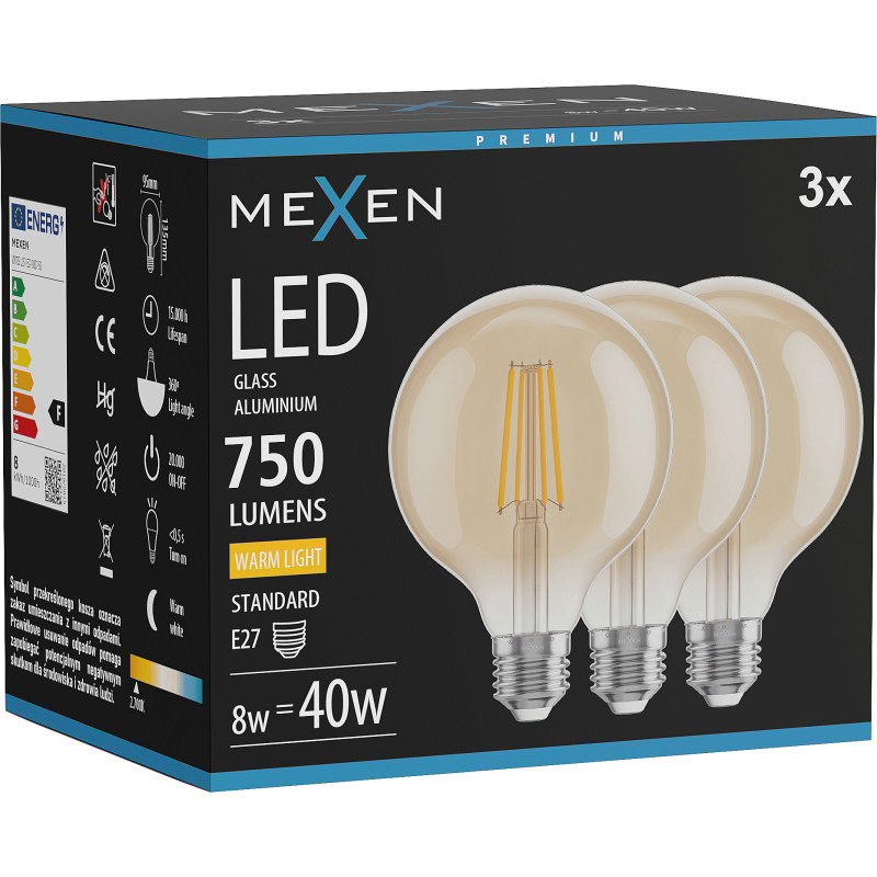 Mexen Vintis 3x Ampoule filament LED E27, G95, 8W, Chaude - 2700K, 750 lm, ambre - L157-E27-0827-50x03