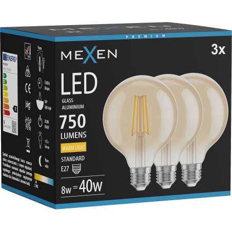 Mexen Vintis 3x Ampoule filament LED E27, G95, 8W, Chaude - 2700K, 750 lm, ambre - L157-E27-0827-50x03