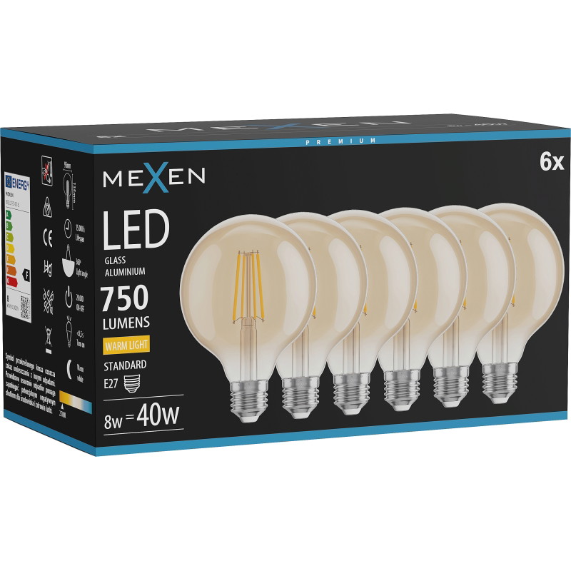Mexen Vintis 6x Ampoule filament LED E27, G95, 8W, Chaude - 2700K, 750 lm, ambre - L157-E27-0827-50x06