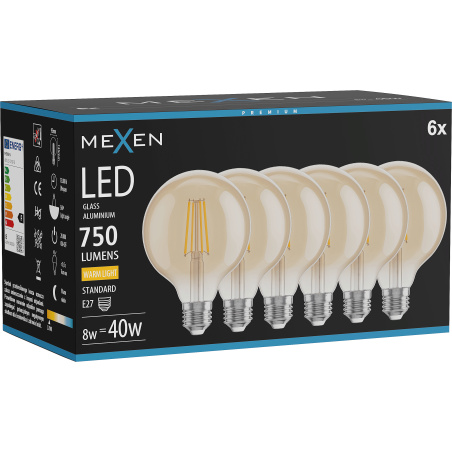 Mexen Vintis 6x Ampoule filament LED E27, G95, 8W, Chaude - 2700K, 750 lm, ambre - L157-E27-0827-50x06