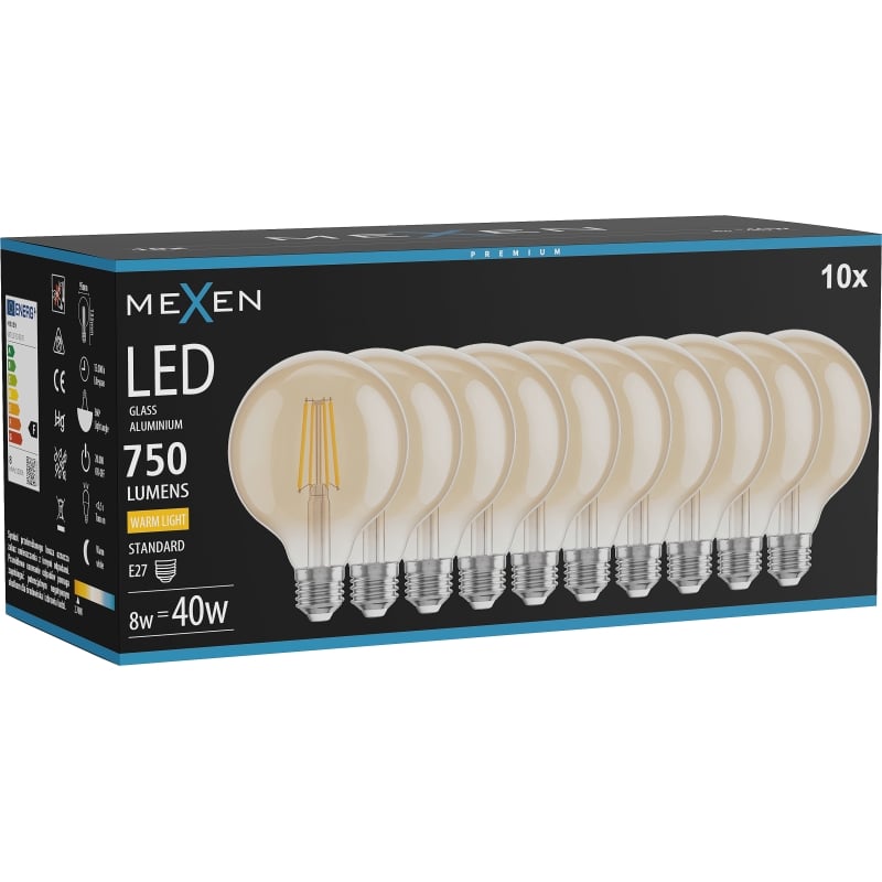 Mexen Vintis 10x Ampoule filament LED E27, G95, 8W, Chaude - 2700K, 750 lm, ambre - L157-E27-0827-50x10
